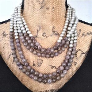 VTG Silver Speckled Stone Layered Multi Strand Necklace "Statement Piece"